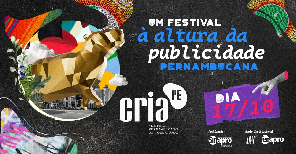 Card em fundo preto degradê com imagens coloridas mostra logo do Festival Cria PE com letras vermelhas e brancas