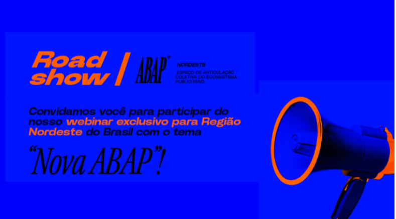 Um card em fundo azul com letras em preto convida para webinar promovido pela ABAP com as agências de publicidade do Nordeste 