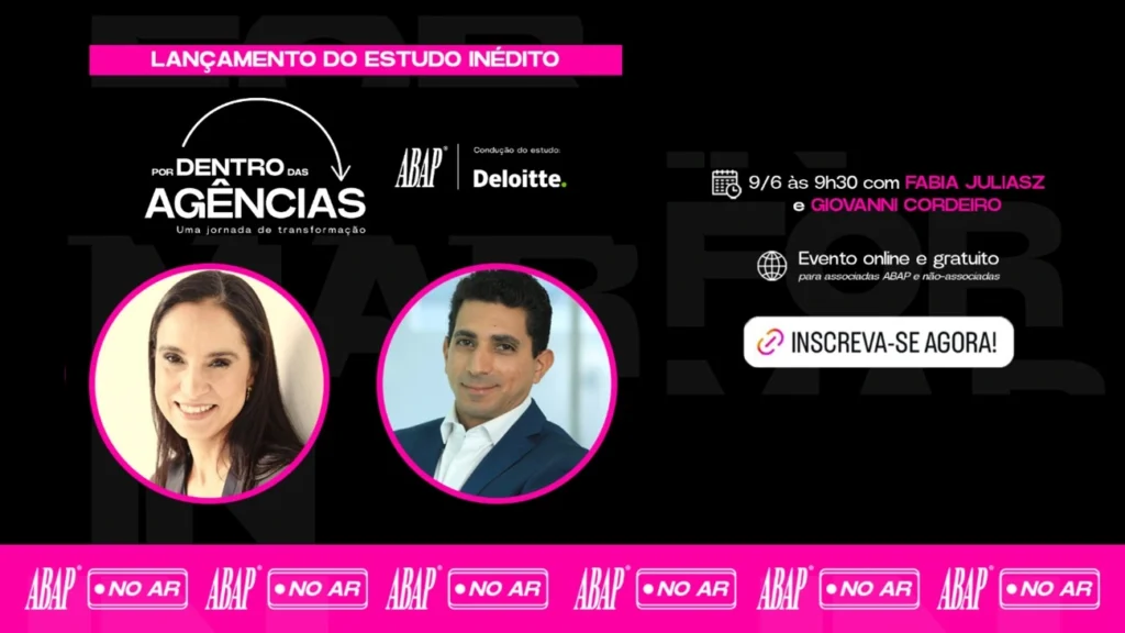 Card em fundo preto e rosa pink convida para webinar pesquisa por dentro das agências sobre transformação digital nas agências de publicidade
