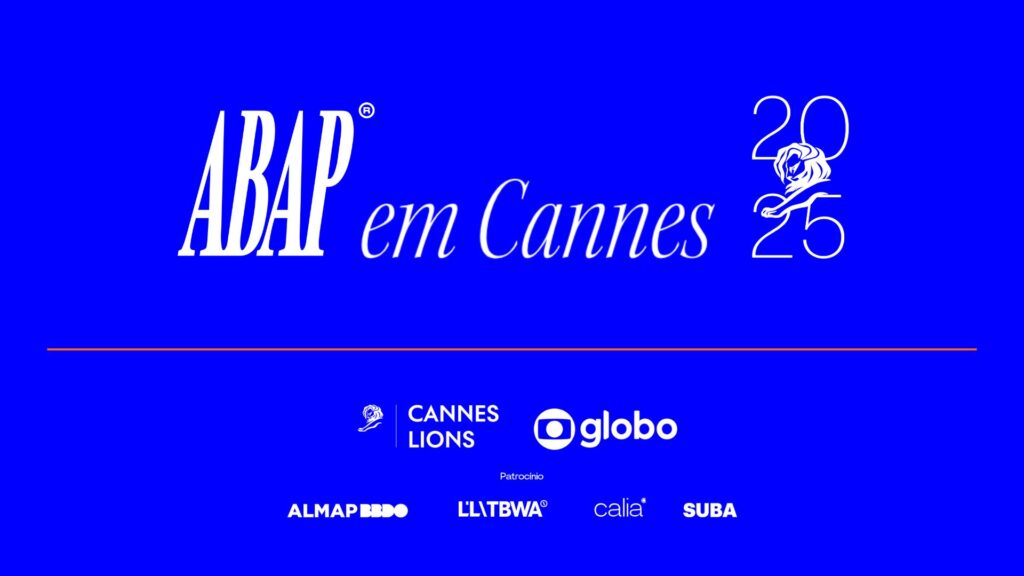 Arte em fundo azul royal com letras brancas convida para eventos da ABAP em Cannes