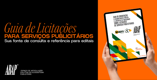 Banner em laranja e preto mostra no novo Guia de Licitações para publicidade